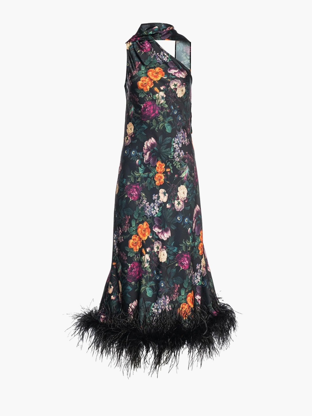 One-Shoulder Black Floral Dress with Feather Hem - Picture 5 of 6